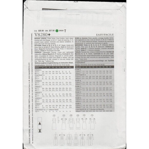 Vogue 8280 Easy Options Galaxy Power Dress Pattern 6 Variations Size 4 6 8 Uncut - Picture 2 of 5